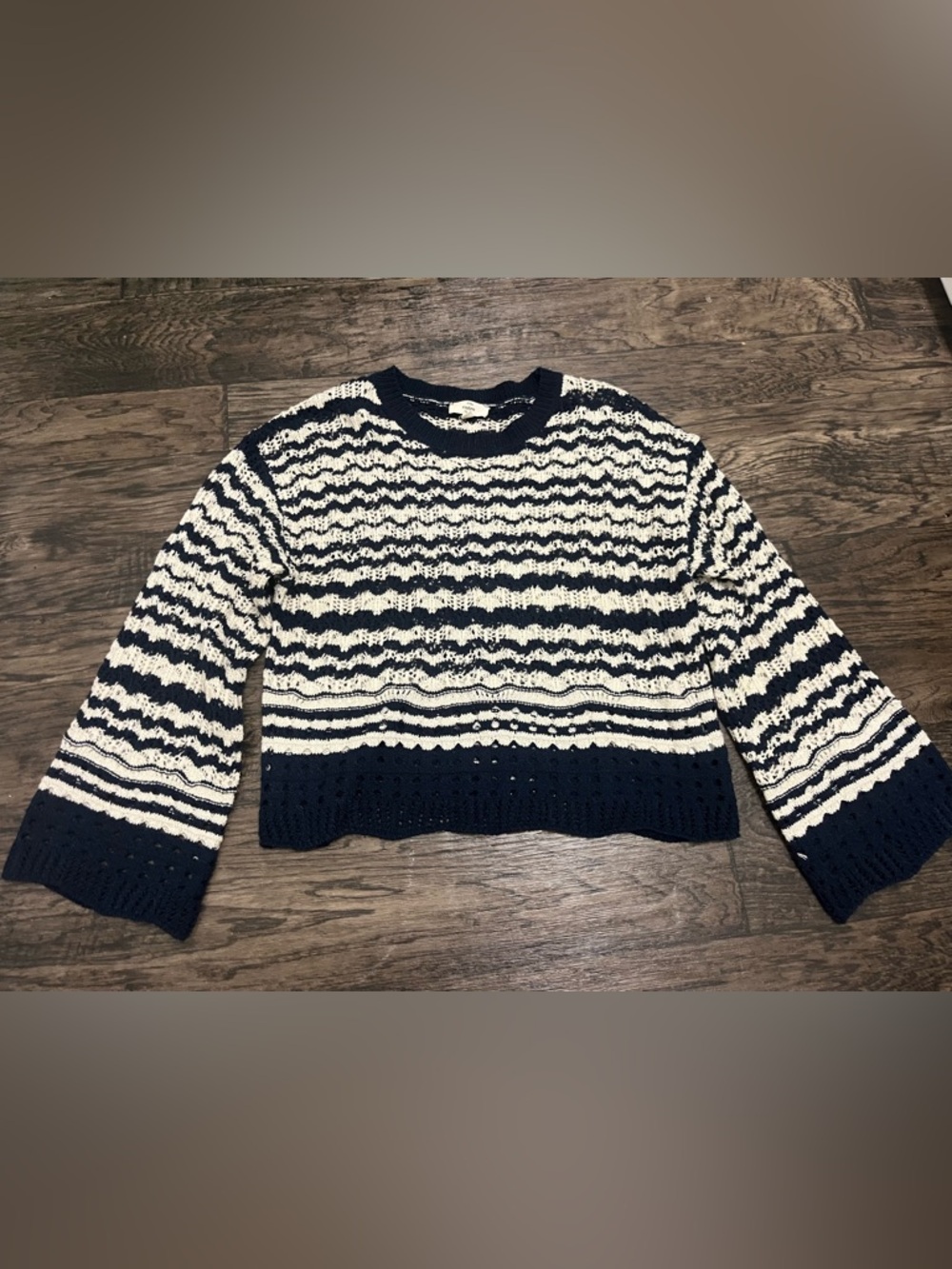 entro Navy and Cream Striped Open-Knit Crewneck Sweater
